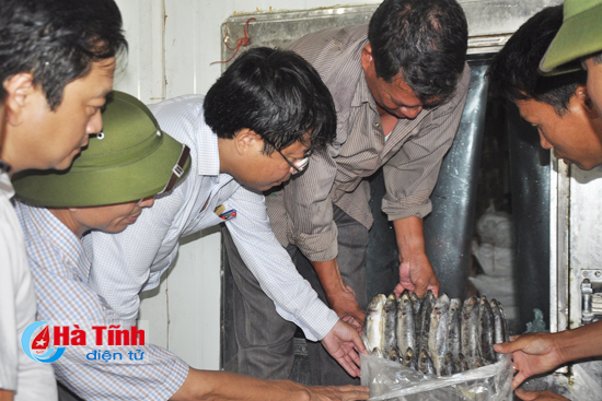 Phó Chủ tịch UBND tỉnh Dương Tất Thắng cùng lãnh đạo ngành chức năng kiểm tra hoạt động chế biến thủy sản ở Thạch Kim (Lộc Hà)