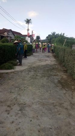 Nhân dân thôn Hợp Thắng cắt tỉa hàng rào xanh trên trục đường vào nhà văn hóa thôn